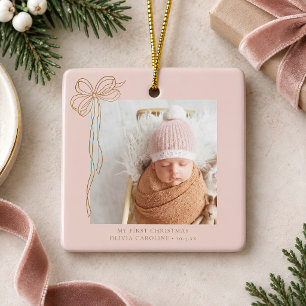 Custom Baby First Christmas Blush Pink Bow Photo Ceramic Ornament