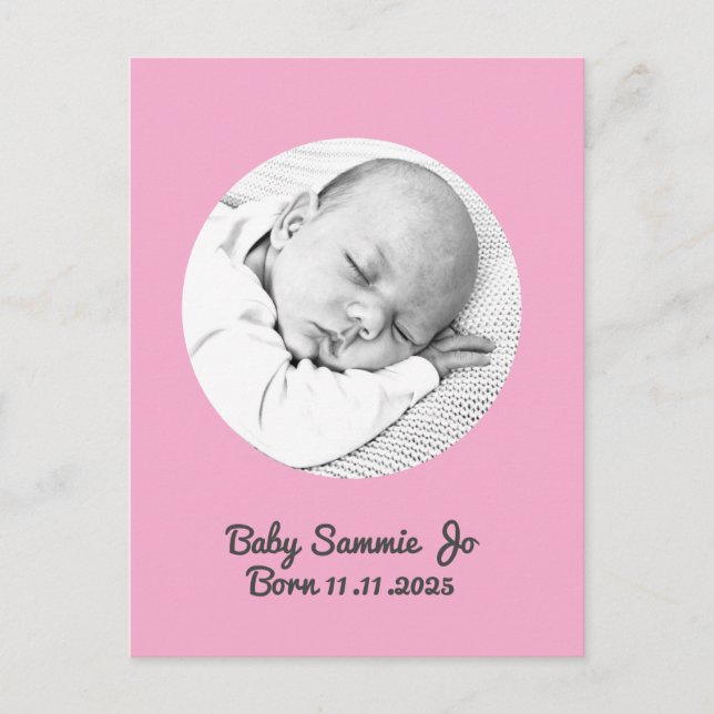 Custom Baby girl Birth Announcement, Pink Postcard (Front)