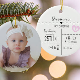 Custom Baby Girl Birth Stats Photo Keepsake Ceramic Ornament