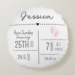 Custom Baby Girl Birth Stats Photo Keepsake Round Cushion