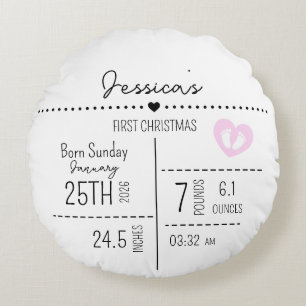 Custom Baby Girl Birth Stats Photo Keepsake Round Cushion