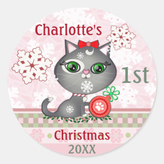 Custom Baby Girl Cat First Christmas Classic Round Sticker