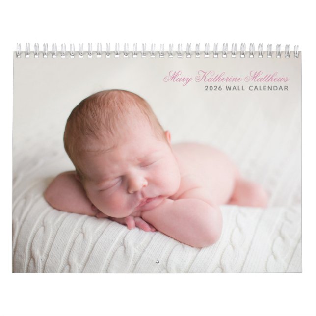Custom Baby Girl Newborn Photo Chic Pink 2026 Wall Calendar (Cover)