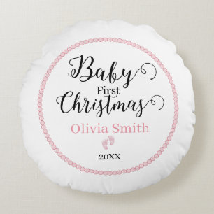 custom Baby Girl’s First Christmas with photo Round Cushion