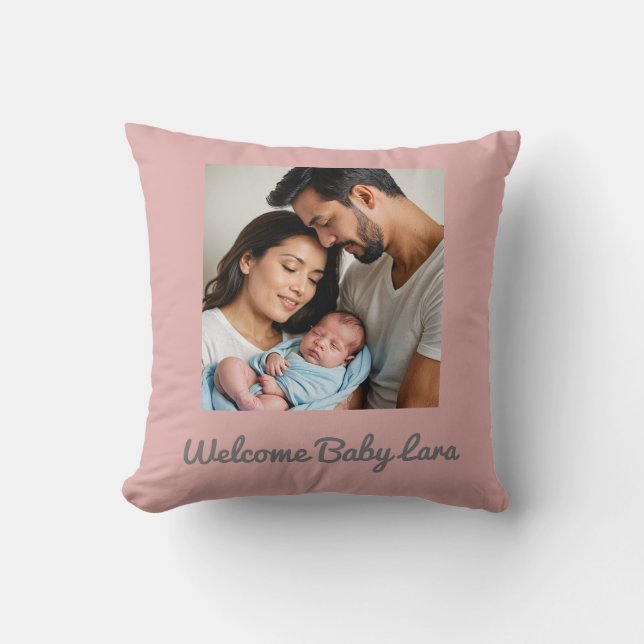 Custom Baby Girl Throw Pillow – Pink Photo & Name  (Front)
