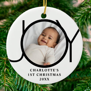 Custom Baby Girl's First Christmas Joy Photo Ceramic Ornament