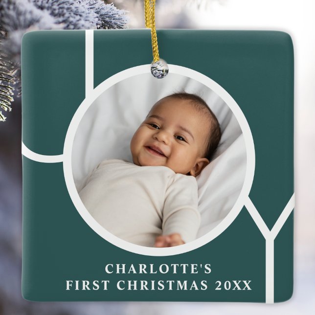 Custom Baby Girl's First Christmas Photo Green Ceramic Ornament (Creator Uploaded)