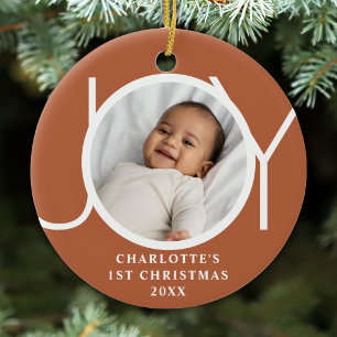 Custom Baby Girl's First Christmas Photo Joy Ceramic Ornament