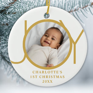 Custom Baby Girl's First Christmas Photo Joy Gold Ceramic Ornament