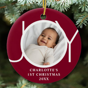 Custom Baby Girl's First Christmas Photo Maroon Ceramic Ornament