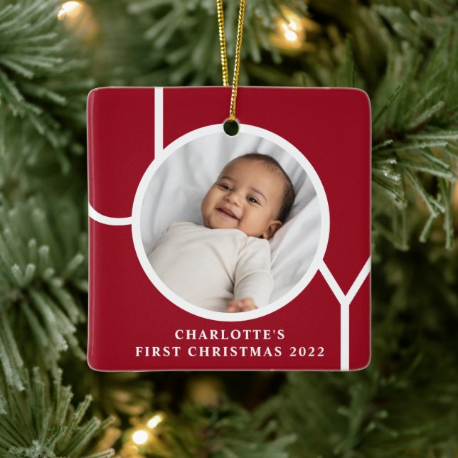 Custom Baby Girl's First Christmas Photo Red Ceramic Ornament (Tree)