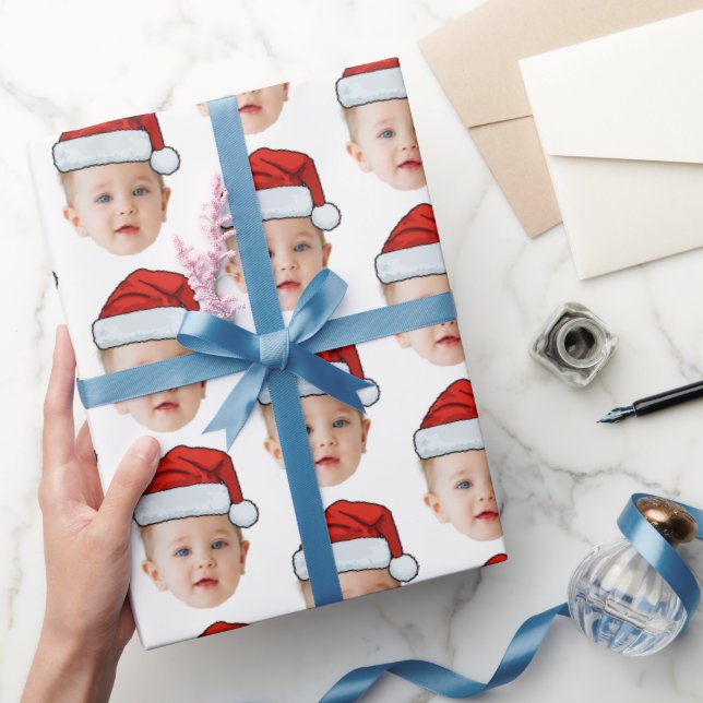 Custom Baby Head Face Photo Santa Hat Christmas Wrapping Paper (Gifting)