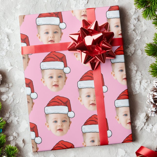 Custom Baby Head Face Photo Santa Hat Xmas Pink Wrapping Paper (Creator Uploaded)