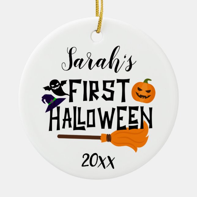 Custom Baby Name First Halloween Pumpkin 2021 Ceramic Ornament (Front)