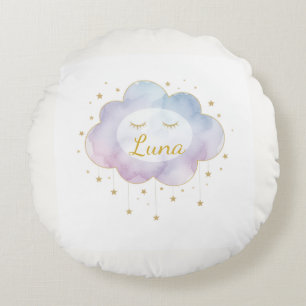 Custom Baby Name Lavender Watercolor Cloud Gold Ey Round Cushion