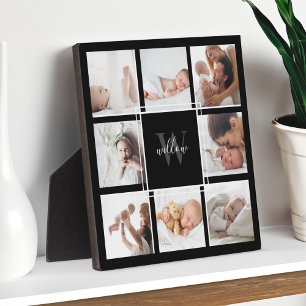 Custom Baby Name & Monogram Photo Collage Black Plaque