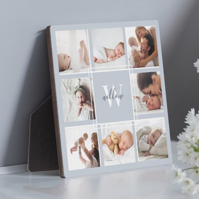 Custom Baby Name & Monogram Photo Collage Blue Plaque (Custom Baby Name & Monogram Photo Collage Blue Plaque)