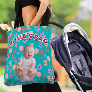 Custom Baby Name & Photo Turquoise Teddy Gift Tote Bag
