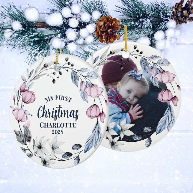 Custom Baby Photo Elegant Floral Christmas Ceramic Ornament (Creator Uploaded)