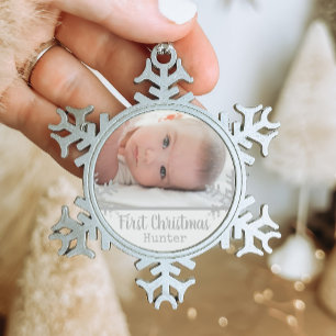Custom Baby Photo First Christmas White Snowflake Snowflake Pewter Christmas Ornament