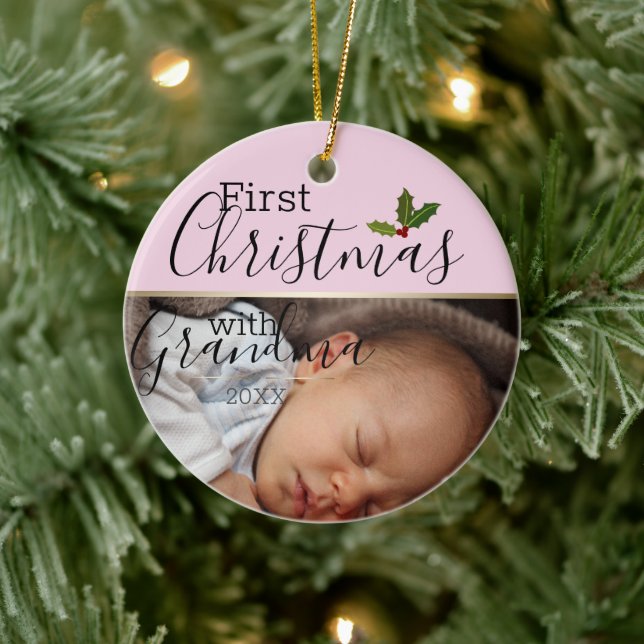 Custom Baby Photo First Christmas with Grandma Ceramic Ornament (Tree)
