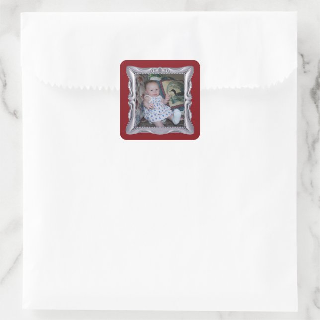 Custom Baby Photo in Fancy Silver Frame Add Photo Square Sticker (Bag)