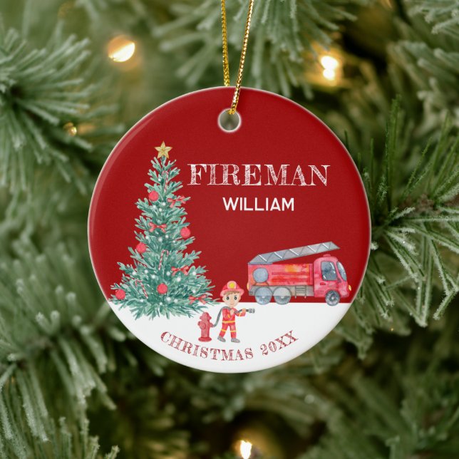 Custom Baby Photo Keepsake Fireman Christmas Tree Ceramic Ornament (Tree)