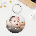 Custom Baby Photo Name Handwriting Script Key Ring<br><div class="desc">Create your own personalised round keychain with your custom modern handwritten script name and favourite baby photo.</div>