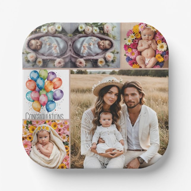 Custom Baby Photo Paper Plate – Brown Frame  (Front)