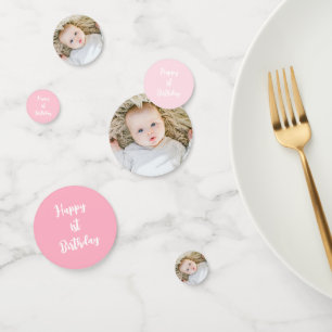 custom baby photo pink 1st birthday  confetti