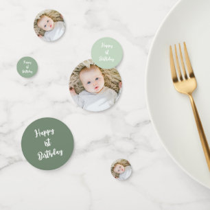 custom baby photo sage green 1st birthday  confetti