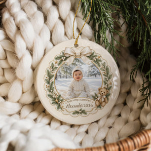 Custom Baby’s First Christmas Teddy Photo Ceramic Ornament