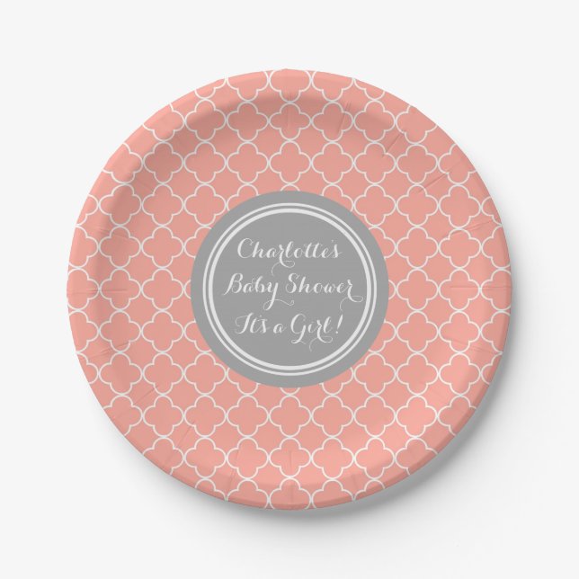 Custom Baby Shower Plate Grey Coral Quatrefoil (Front)