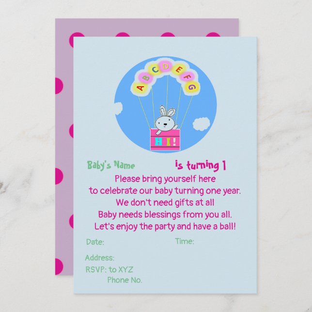 Custom Baby's 1st birthday invitation (Front/Back)