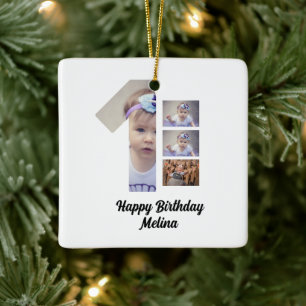 Custom Baby's first birthday 4 Photo collage  Ceramic Ornament