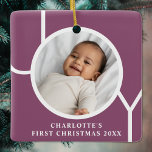 Custom Baby's First Christmas Holiday Photo Purple Ceramic Ornament<br><div class="desc">This festive Baby's First Christmas Photo Ornament is decorated with the word JOY on a purple plum background.
Easily customizable with your photo,  name,  and year.
Suitable for a baby girl or boy.</div>