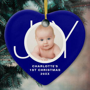 Custom Baby's First Christmas Photo Blue Joy Ceramic Ornament