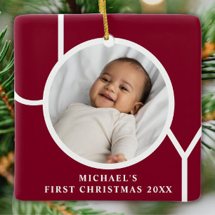 Custom Baby's First Christmas Photo Dark Red Ceramic Ornament