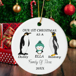 Custom Baby's First Christmas Photo Family of 3  Ceramic Ornament<br><div class="desc">Family of Three Christmas Custom Baby's First Christmas (photo,  names,  year),  penguin</div>