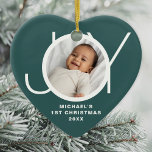 Custom Baby's First Christmas Photo Green Ceramic Ornament<br><div class="desc">This stylish heart-shaped Baby's First Christmas Photo Ornament is decorated with the word JOY on a green background.
Easily customisable with your photo,  name,  and year.</div>