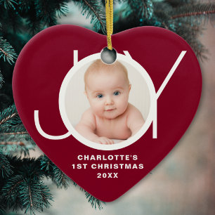 Custom Baby's First Christmas Photo Joy Maroon Ceramic Ornament