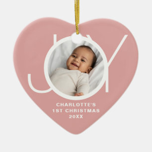 Custom Baby's First Christmas Photo Joy Pink Ceramic Ornament