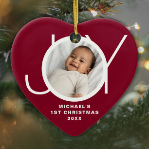 Custom Baby's First Christmas Photo Maroon Ceramic Ornament