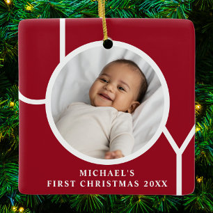 Custom Baby's First Christmas Photo Red Ceramic Ornament