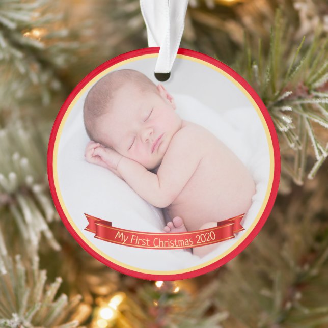 Custom Baby's First Christmas Red Banner Photo Ornament (Tree)