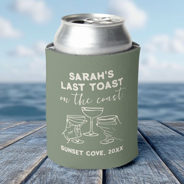 Custom Bachelorette Last Toast on The Coast Party Can Cooler (Group of friends raising can coolers at the beach for one last toast before the bachelorette )