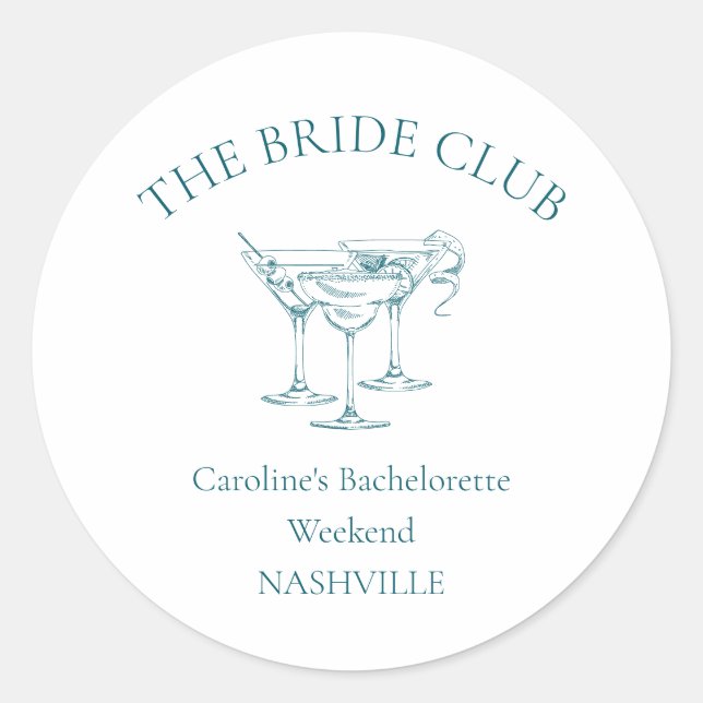 Custom Bachelorette Party Cocktail Social Club Classic Round Sticker (Front)