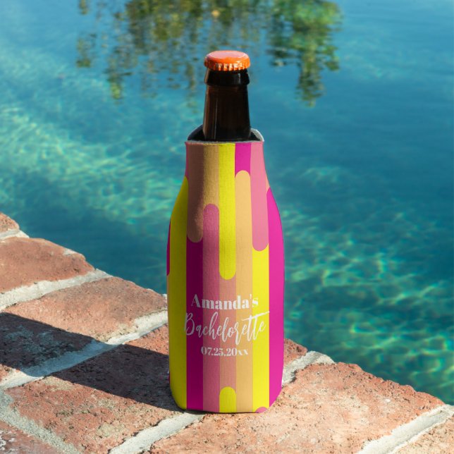 Custom Bachelorette Pink and Yellow Pattern Bottle Cooler (In Situ Pool)