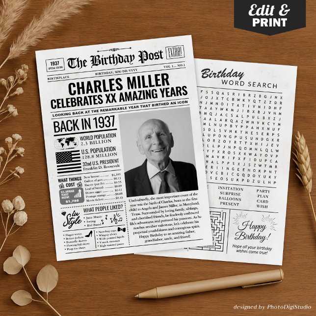 Custom Back in 1937 Newspaper Birthday Card, Trend Holiday Card (Custom Back in 1937 Newspaper Birthday Card, Trend Holiday Card)