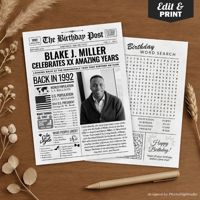 Custom Back in 1992 Newspaper Birthday Card, Trend Holiday Card (Custom Back in 1992 Newspaper Birthday Card, Trend Holiday Card)